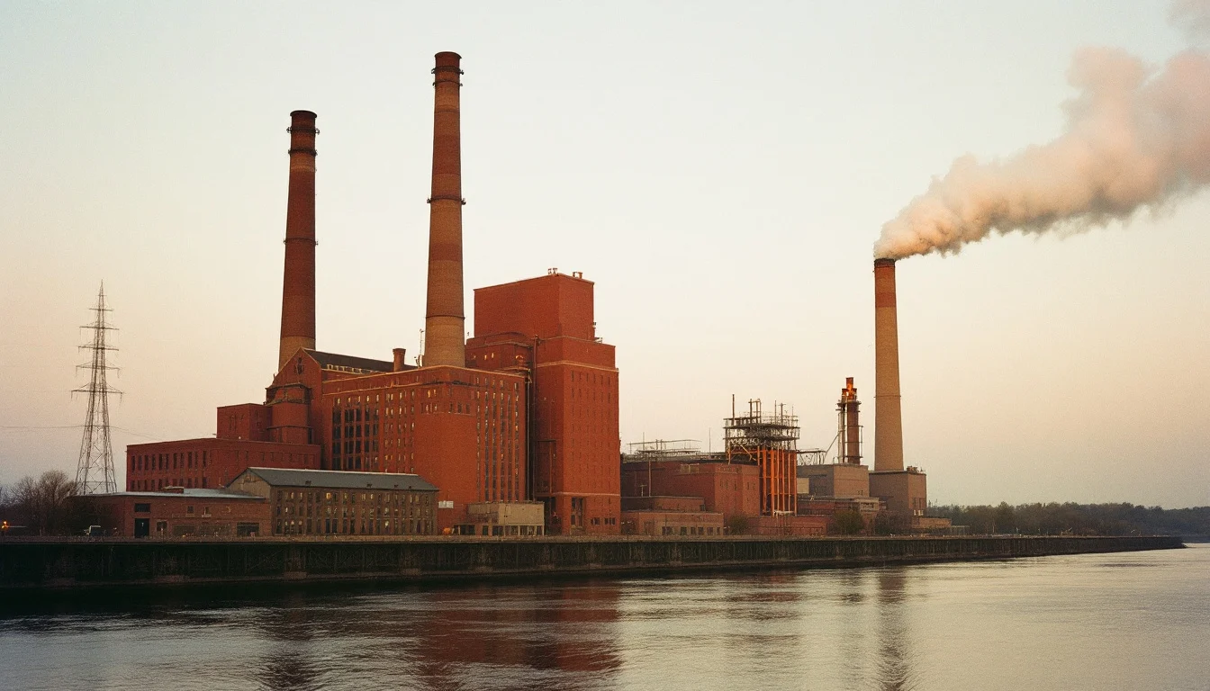 A historic brick power plant beside a river
