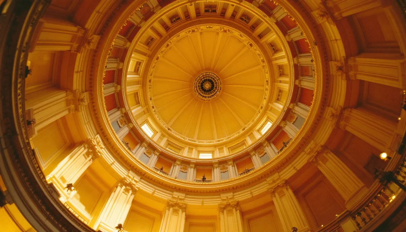 An ornate courthouse rotunda seen from below