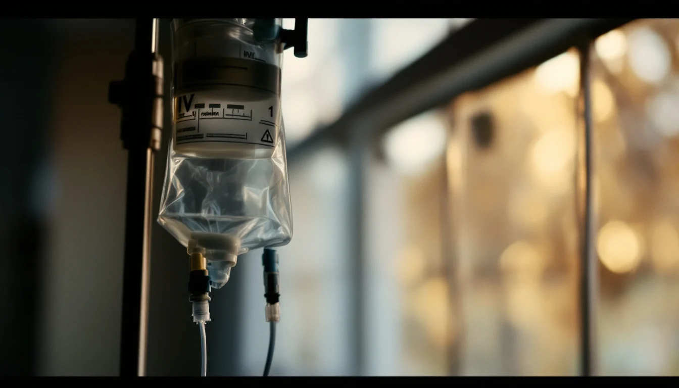An IV infusion bag beside a hospital window